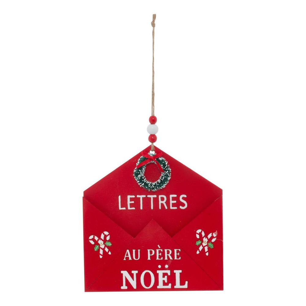 Suspension de sapin lettre père noël en bois rouge et blanc 16 cm