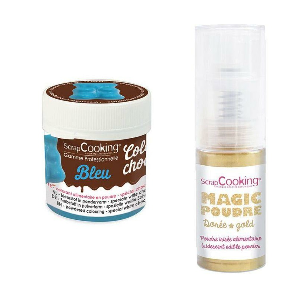 Colorant alimentaire liposoluble color'choco 5 g bleu + poudre alimentaire irisée dorée
