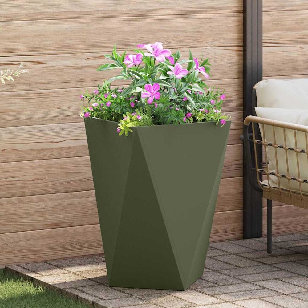 Jardinière haute carrée en acier pour jardin vert olive 50x50x75 cm