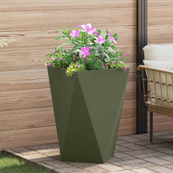 Jardinière haute carrée en acier pour jardin vert olive 50x50x75 cm