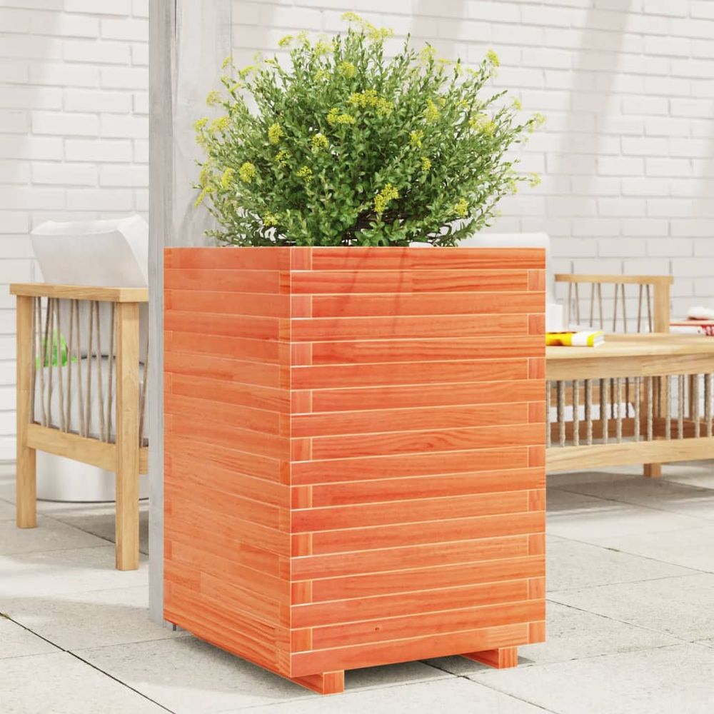 Jardinière haute en pin massif cire marron pour jardin 50x50x72 cm