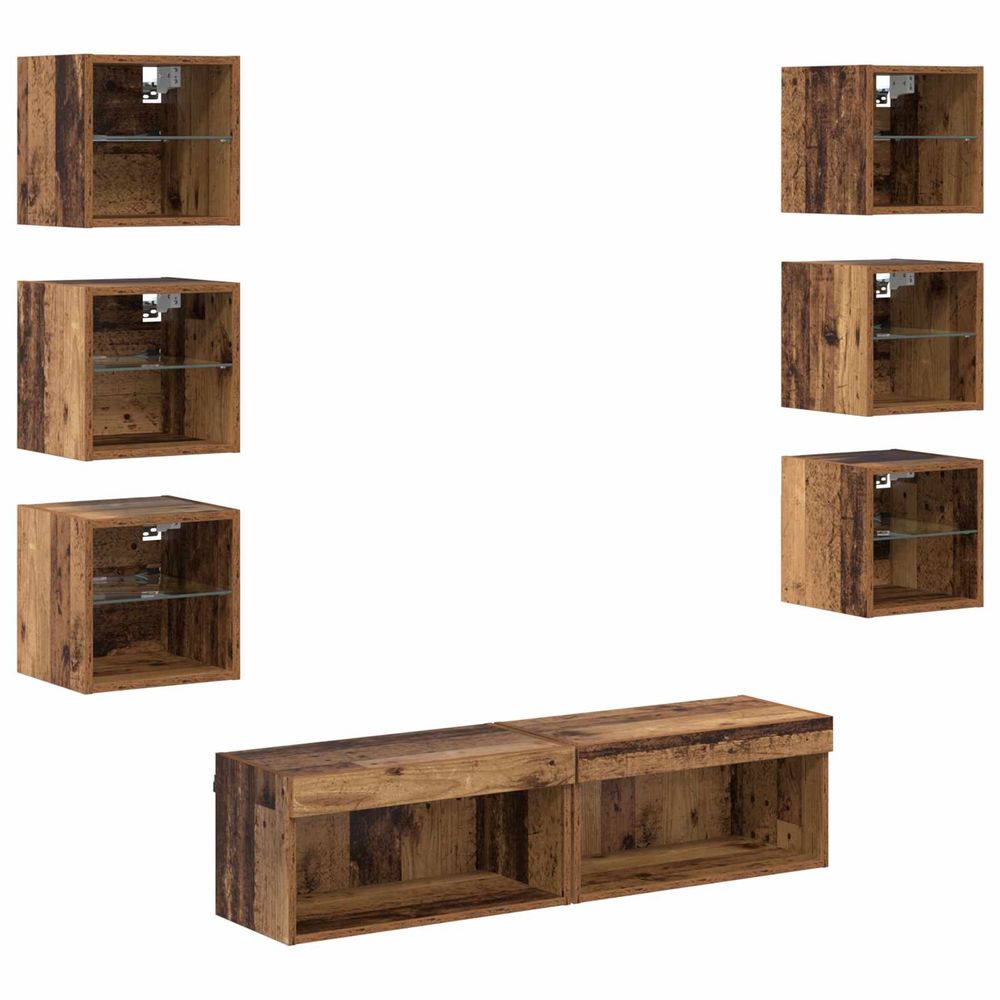 Meuble tv 8 pc bois ancien verre