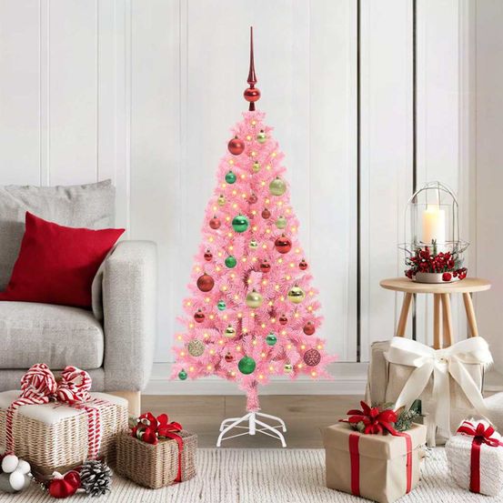 Petit sapin de noël original rose 120 cm, artificiel et lumineux avec décorations