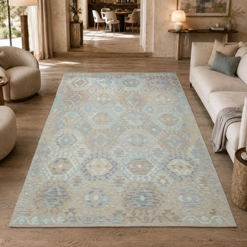 Tapis kilim 204 x 298 cm, géométrique, gris, beige et bleu, en laine, kilim 100
