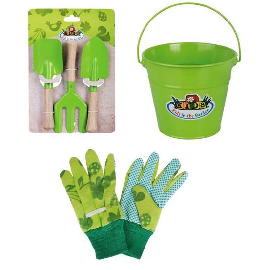 Kit petit jardinier accessoires pour enfant en métal seau + gants + petits outil
