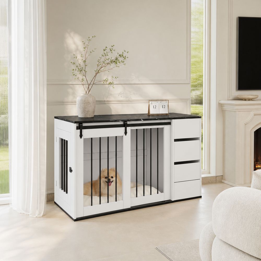Cage pour chien meuble mdf et métal 140 x 60 x 87 cm blanc rangement intégré portes coulissantes 2-en-1