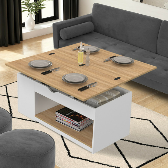 Table basse plateau relevable rectangulaire convertible en table à manger elea 100 cm bois blanc et façon hêtre