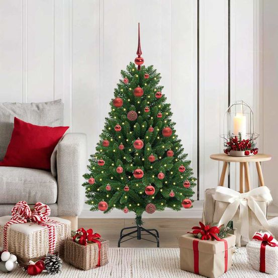 Sapin de noël vert 120 cm fourni avec guirlande lumineuse led et assortiment de 61 boules