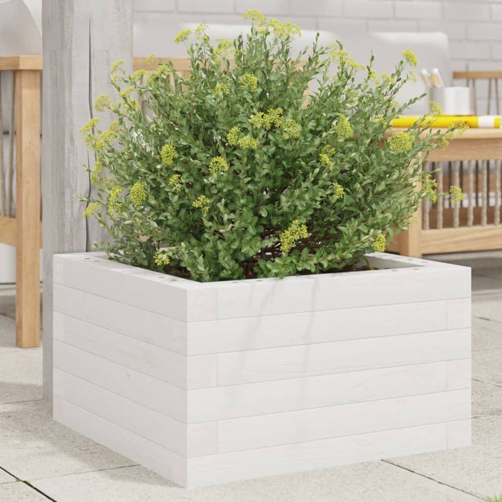 Jardinière carrée en pin massif pour jardin terrasse blanc 40x40cm