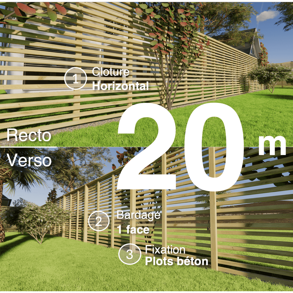 Kit clôture bois moderne 20m – h 1,9m – 45 x 45 mm autoclave – pose horizontal – simple face – à sceller