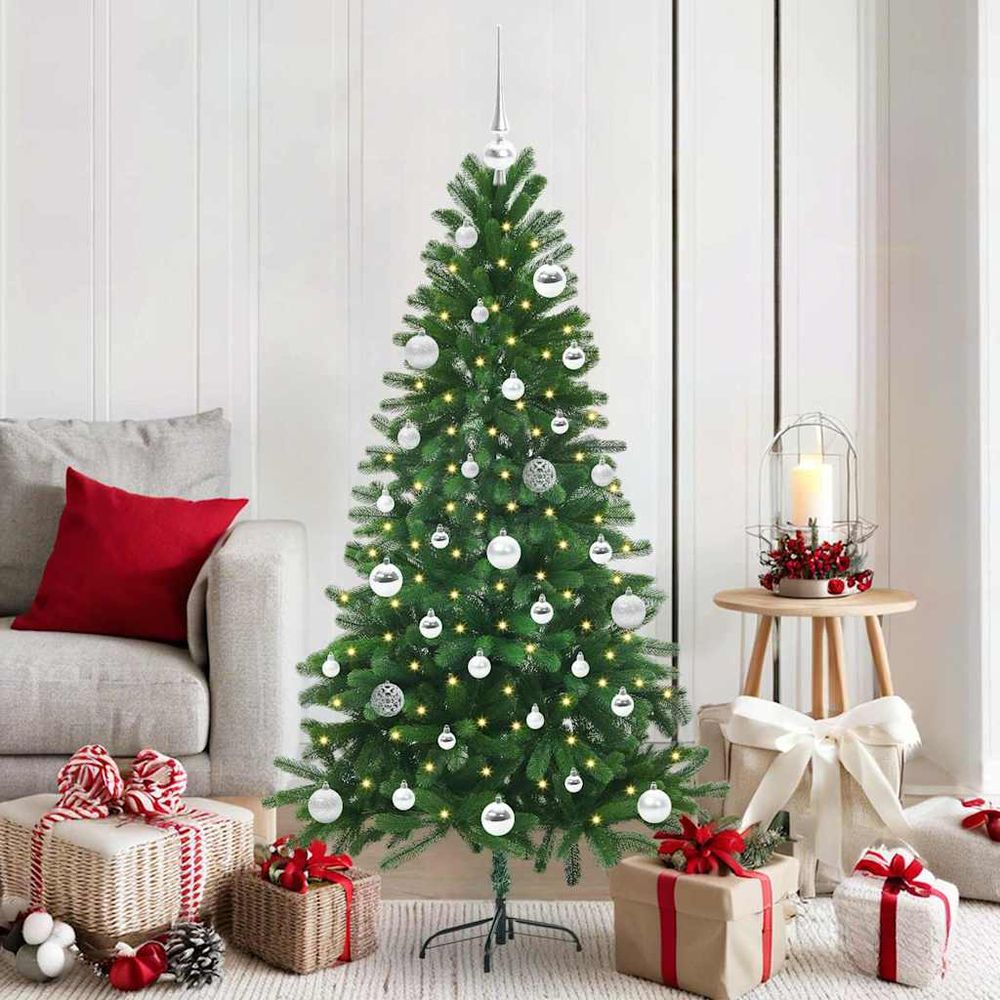 Kit sapin de noël artificiel 150 cm tout-en-un, avec 150 led, sommet et 61 boules, vert réaliste