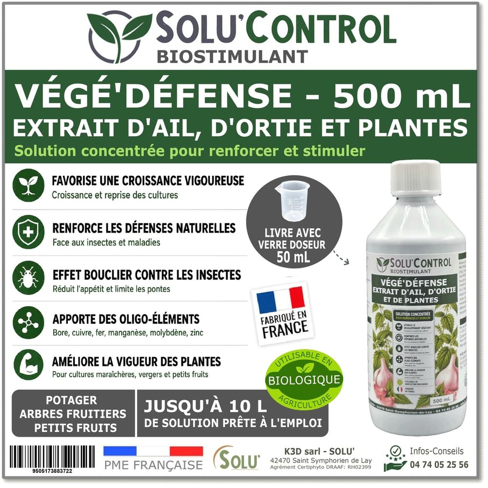 Biostimulant concentré à l'extrait d'ail, d'ortie et de plantes solu'control vége'défense – 500 ml – renforce les défenses naturelle