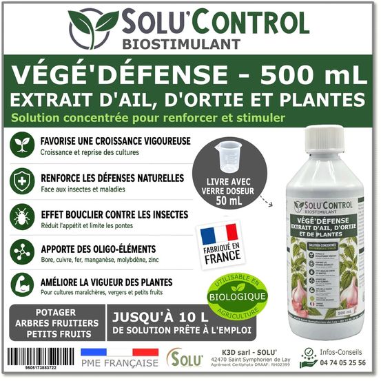 Biostimulant concentré à l'extrait d'ail, d'ortie et de plantes solu'control vége'défense – 500 ml – renforce les défenses naturelle