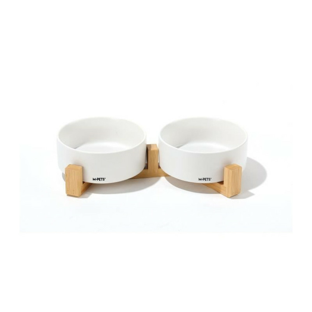 Bols céramique avec support en bambou 2x350 ml - mpets - opera - blanc