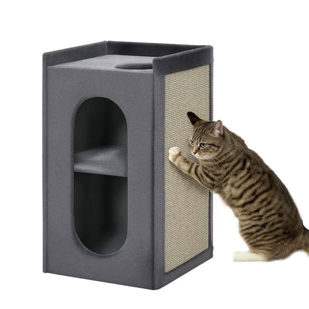 Tonneau griffoir 2 niches bois et sisal espace repos plateau observation gris 81cm