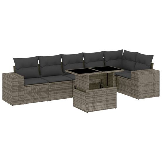 Salon de jardin avec coussins 7 pcs gris résine tressée