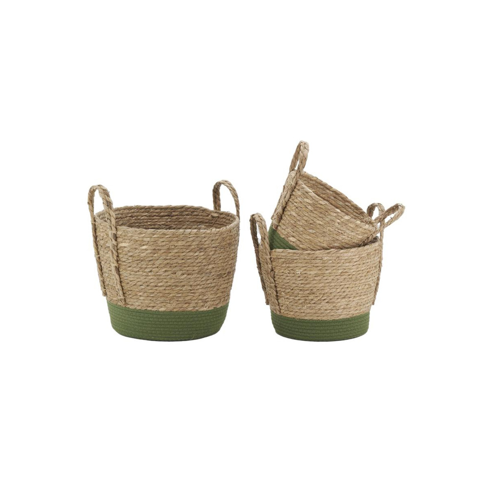 Cache-pots en jonc naturel et coton vert (lot de 3)