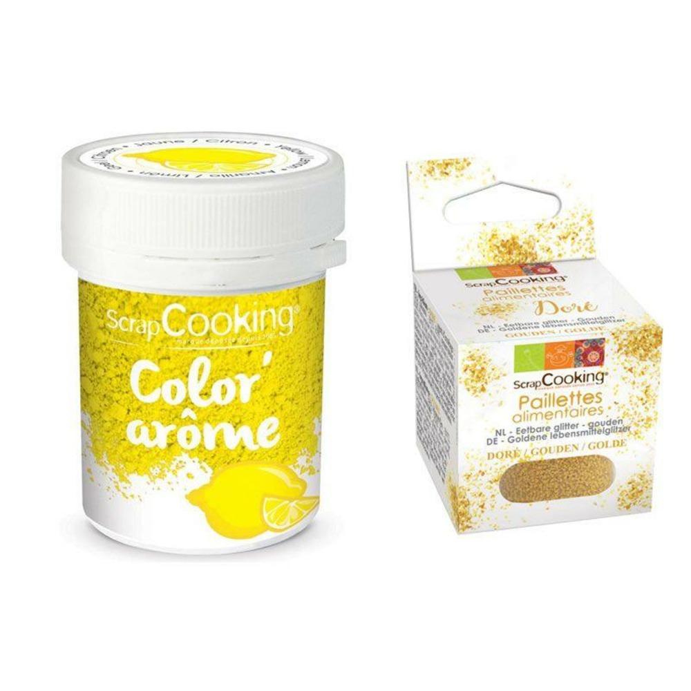 Colorant alimentaire jaune arôme citron + paillettes dorées