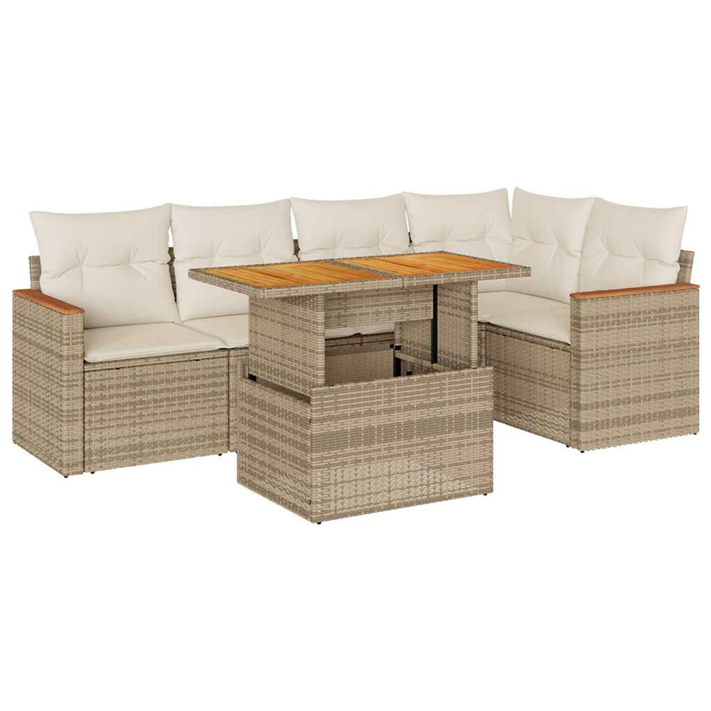 Salon de jardin 6 pcs avec coussins beige résine tressée acacia