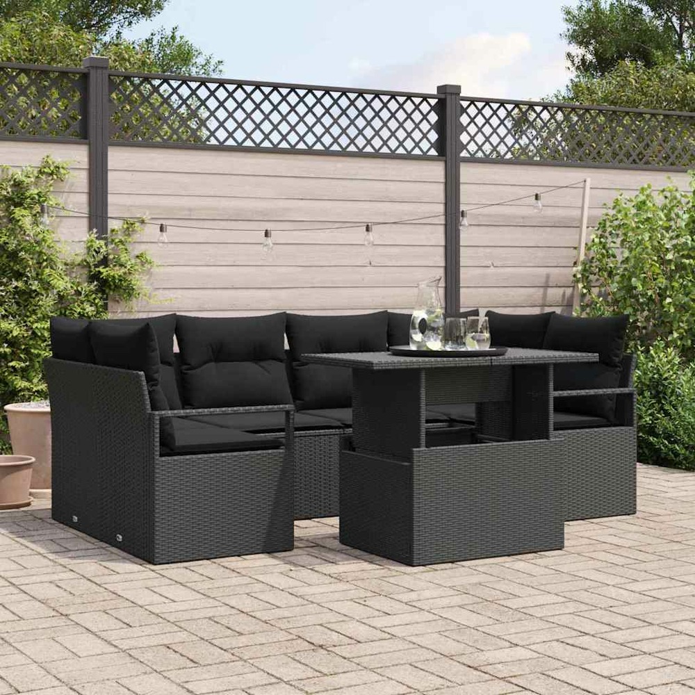 Ensemble de canapé de jardin 7 pcs noir poly rotin