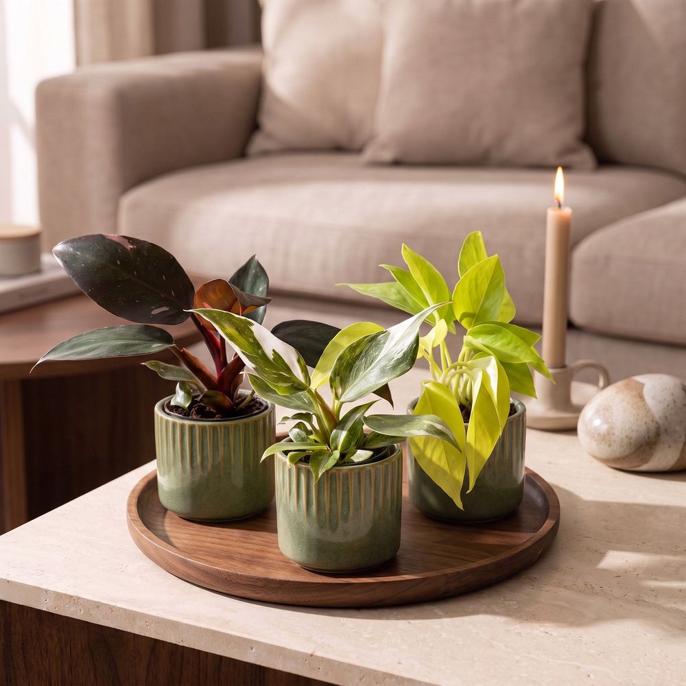 Lot de 3 bébés philodendron : white princess, pink princess et neon - pot de 6cm - plantes d'intérieur - cuivre et turquoise