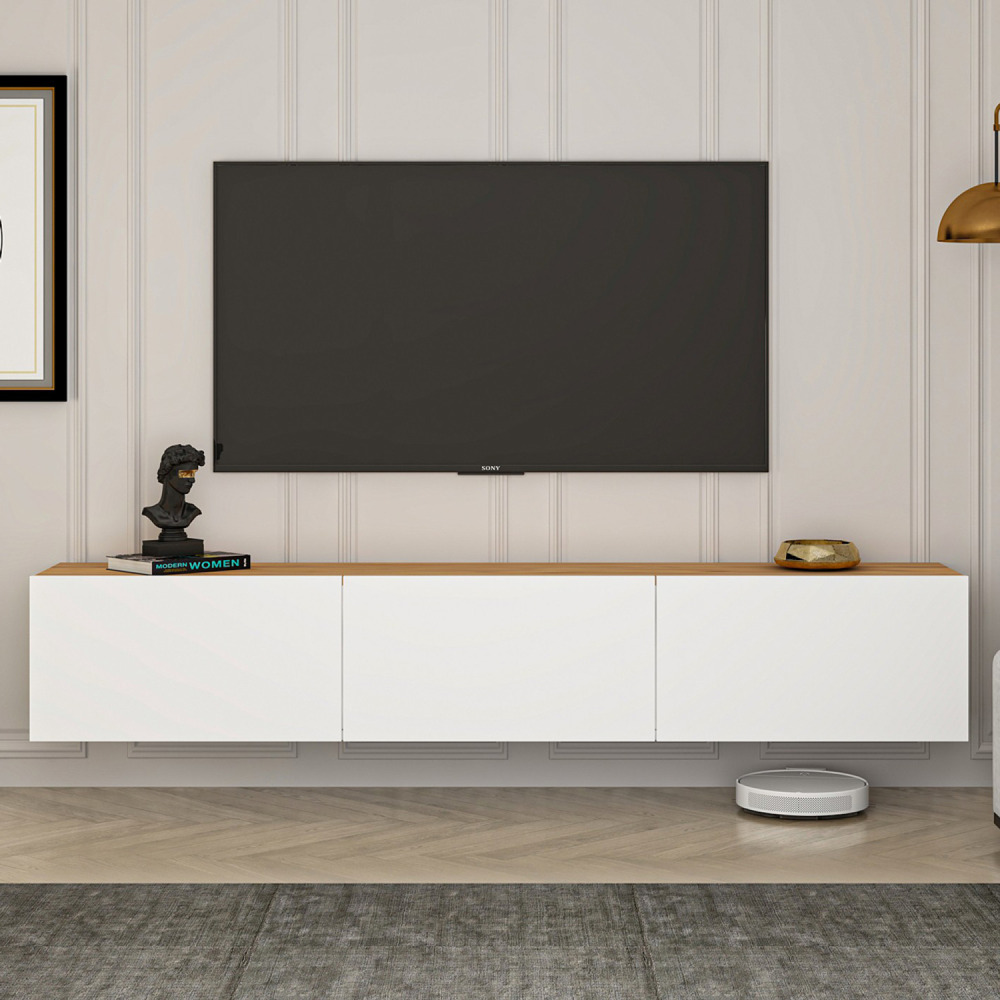 Meuble tv suspendu avec placards 150cm blanc et bois hal