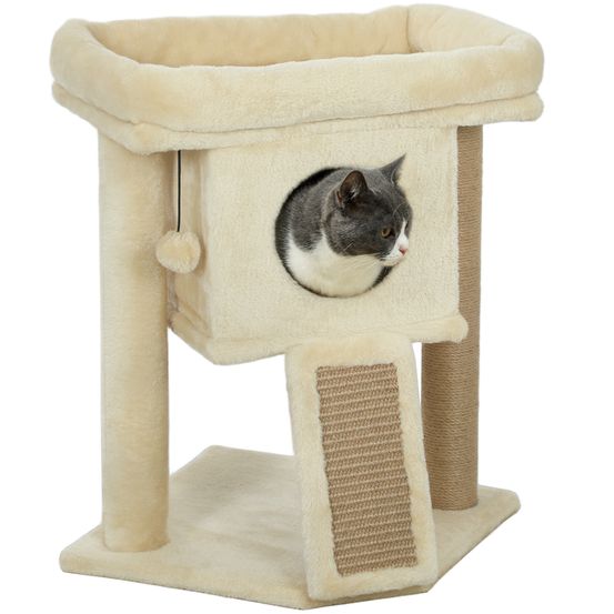 Arbre à chat bois peluche pour chaton niche avec tapis en jute 57cm beige