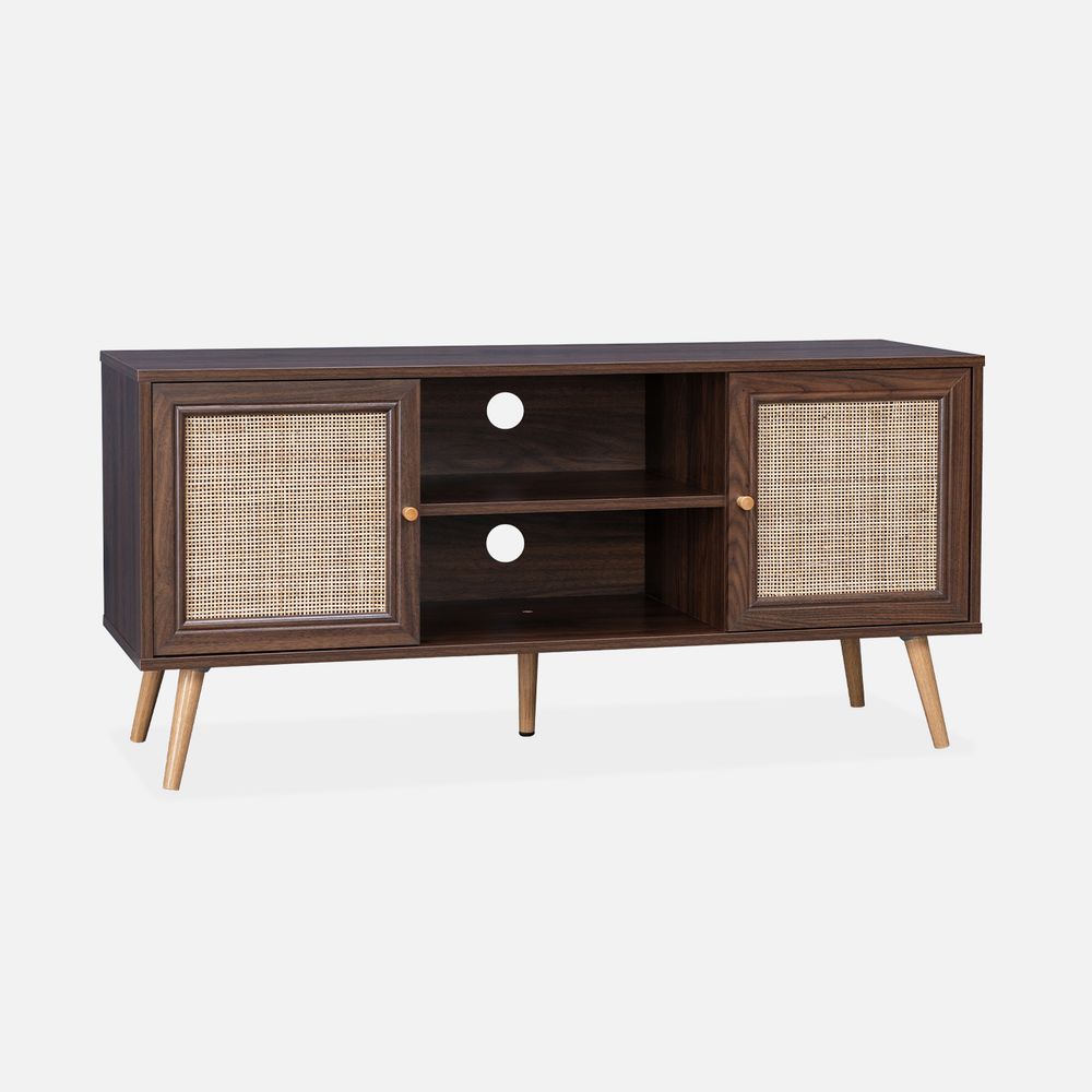 Meuble tv en cannage 120x39x56.5cm - 2 niveaux - 2 étagères - 2 portes - pieds scandinaves