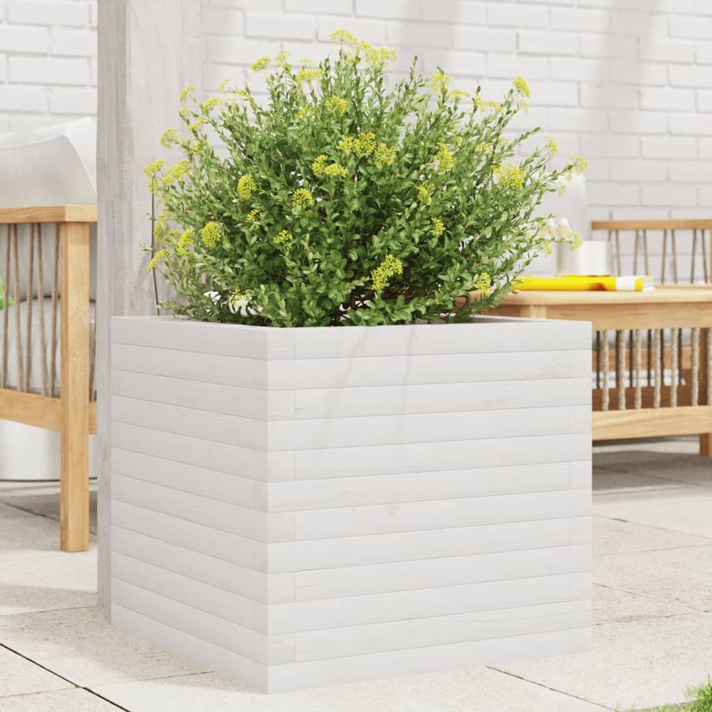 Jardinière carrée en pin massif pour jardin et terrasse blanc 50x50cm