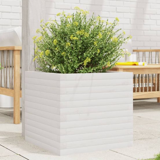 Jardinière carrée en pin massif pour jardin et terrasse blanc 50x50cm