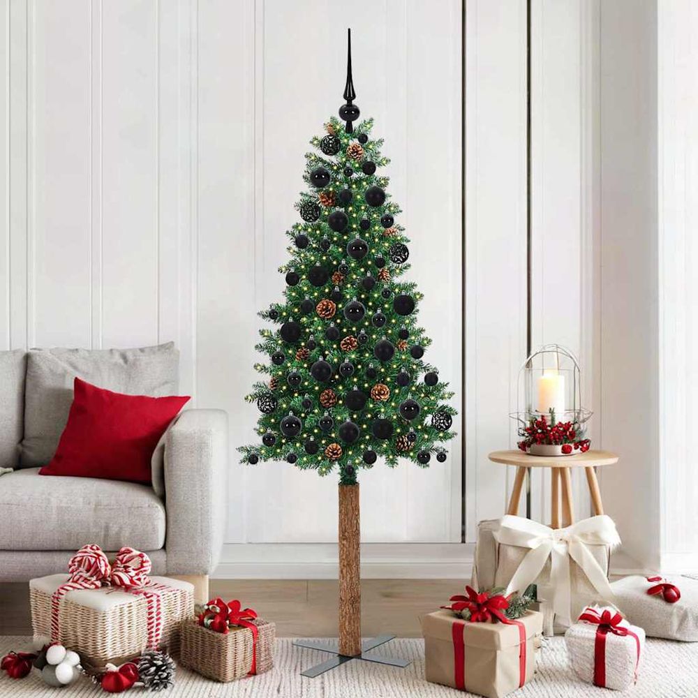 Kit sapin de noël slim 180cm vert, lumineux 300 led, avec pommes de pin et 120 boules