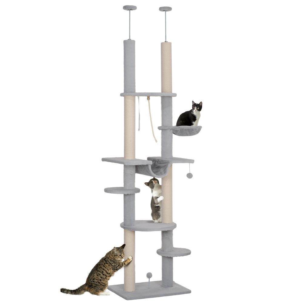 Arbre à chat plafond-sol hauteur réglable avec hamacs et griffoirs gris