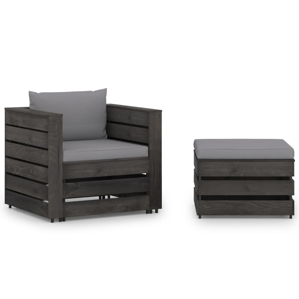 Salon de jardin 2 pcs avec coussins bois imprégné de gris
