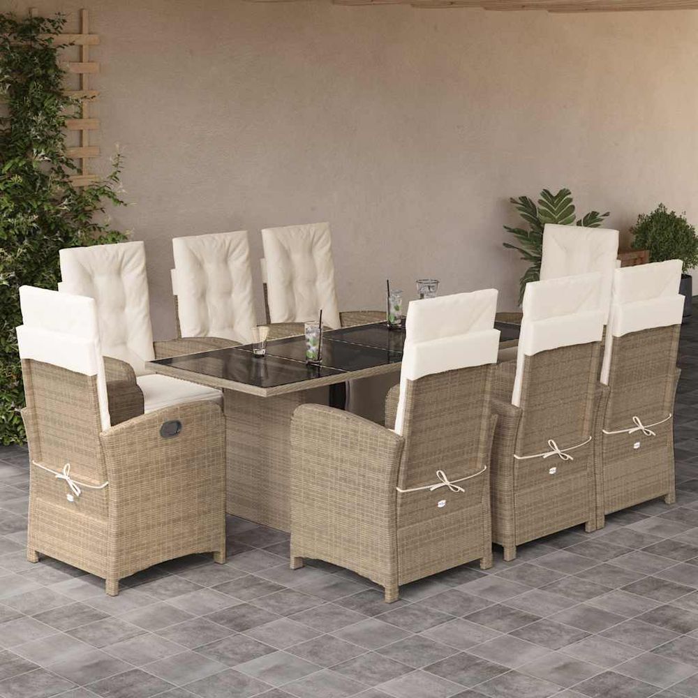 Ensemble à manger de jardin et coussins 9 pcs beige poly rotin
