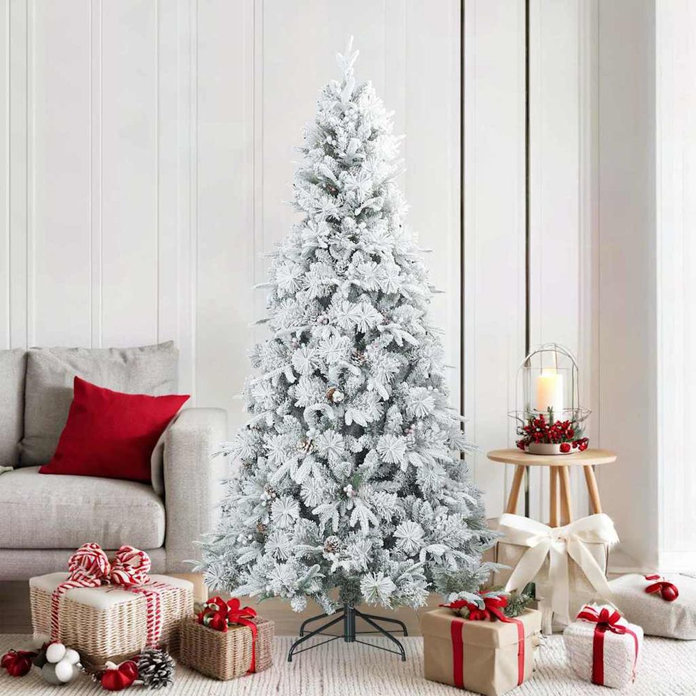 Sapin de noël artificiel enneigé avec décorations pour salon blanc 180 cm