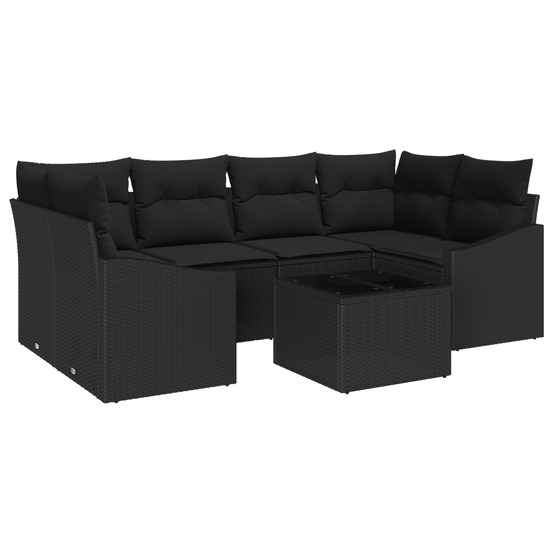 Ensemble de canapé de jardin 7 pièces avec coussins en poly rattan noir