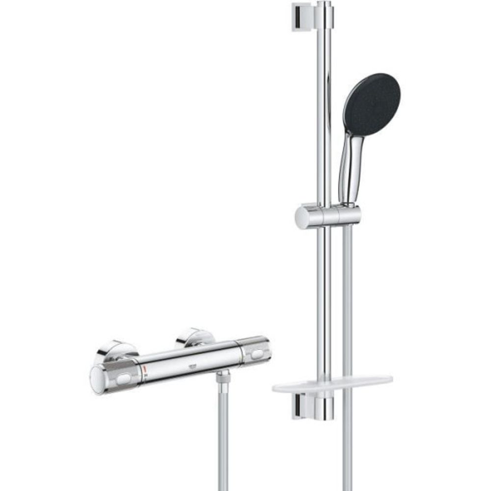Ensemble de douche avec mitigeur thermostatique, pommeau 3 jets, barre 60cm et flexible - grohe 34791001 - economie d'eau - chro