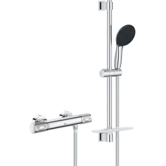 Ensemble de douche avec mitigeur thermostatique, pommeau 3 jets, barre 60cm et flexible - grohe 34791001 - economie d'eau - chro