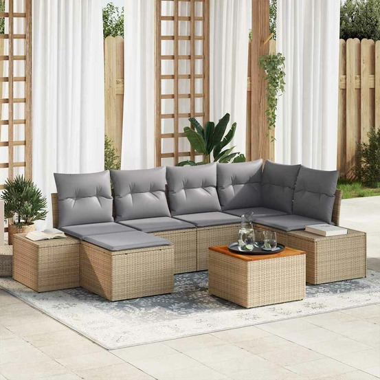 Ensemble de canapé de jardin avec coussin 7 pcs beige polyrotin