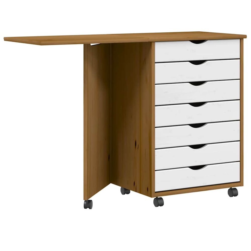 Armoire roulante avec bureau moss marron miel bois de pin