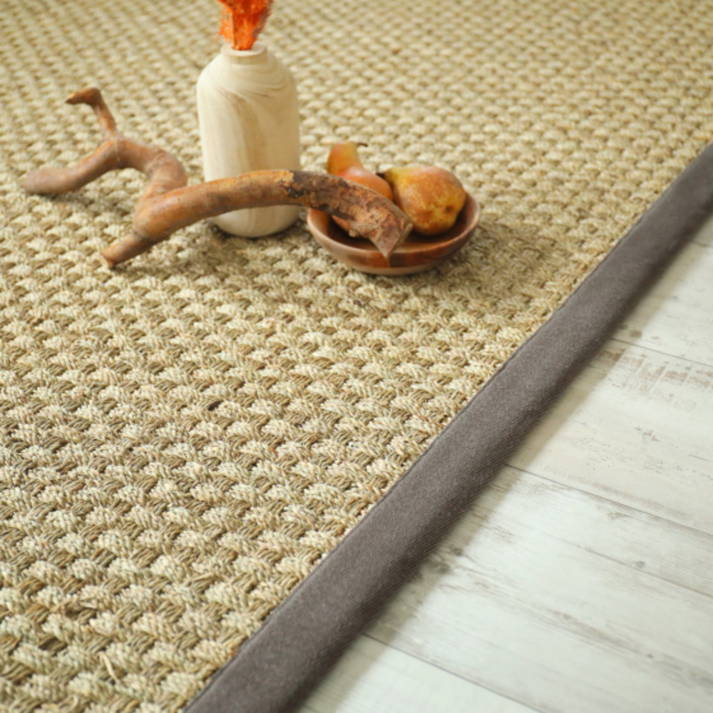 Tapis jonc de mer chennai - natté 4x4 - ganse lin marron taupe - 160 x 230 cm