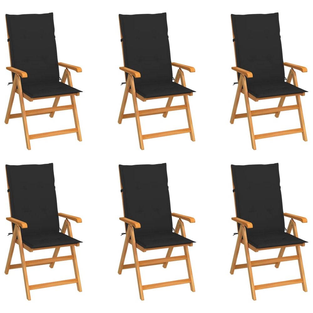 Ensemble de 6 chaises pliantes en teck massif avec coussins noirs