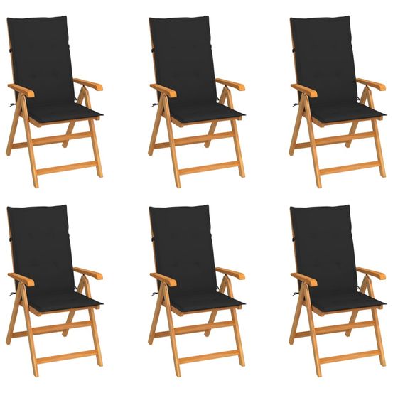 Ensemble de 6 chaises pliantes en teck massif avec coussins noirs