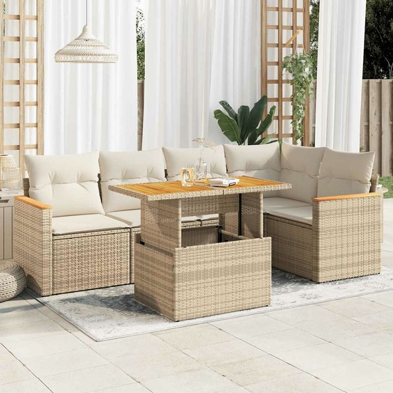 Salon de jardin 6 pcs avec coussins beige résine tressée acacia