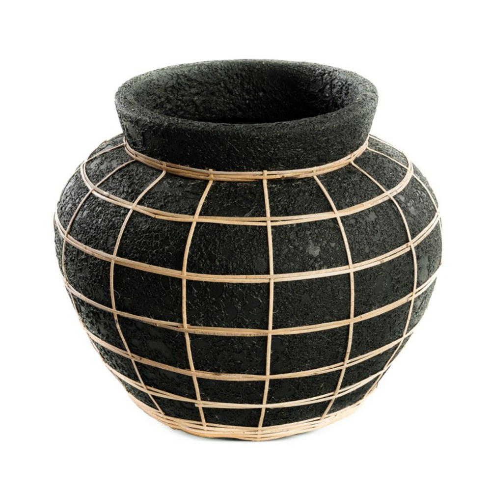 Vase avec rotin en béton noir 33x33x27 cm