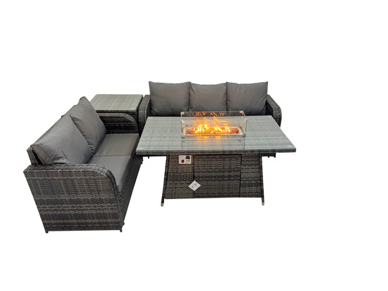 Salon de jardin exterieur table de foyer à gaz et canapé avec grand tabouret