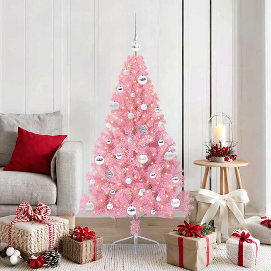 Kit complet sapin de noël rose 150 cm lumineux pour intérieur et extérieur abrité