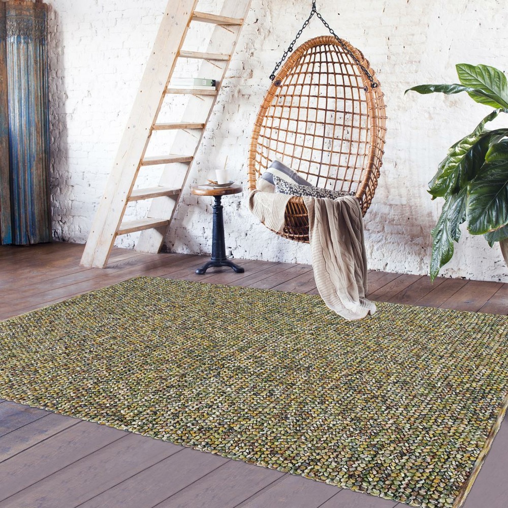 Tapis salon 200x300 tissé en laine vert et beige rectangle motif faux uni