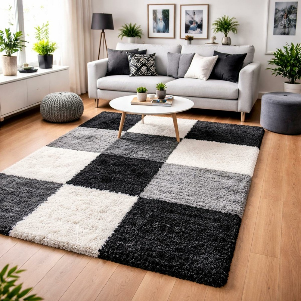 Tapis poils longs shaggy 120x170 rectangle tissé gris et noir motif damier