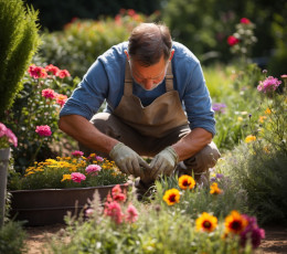 Plan sur un jardinier qui plante des fleurs pour la saison de juillet